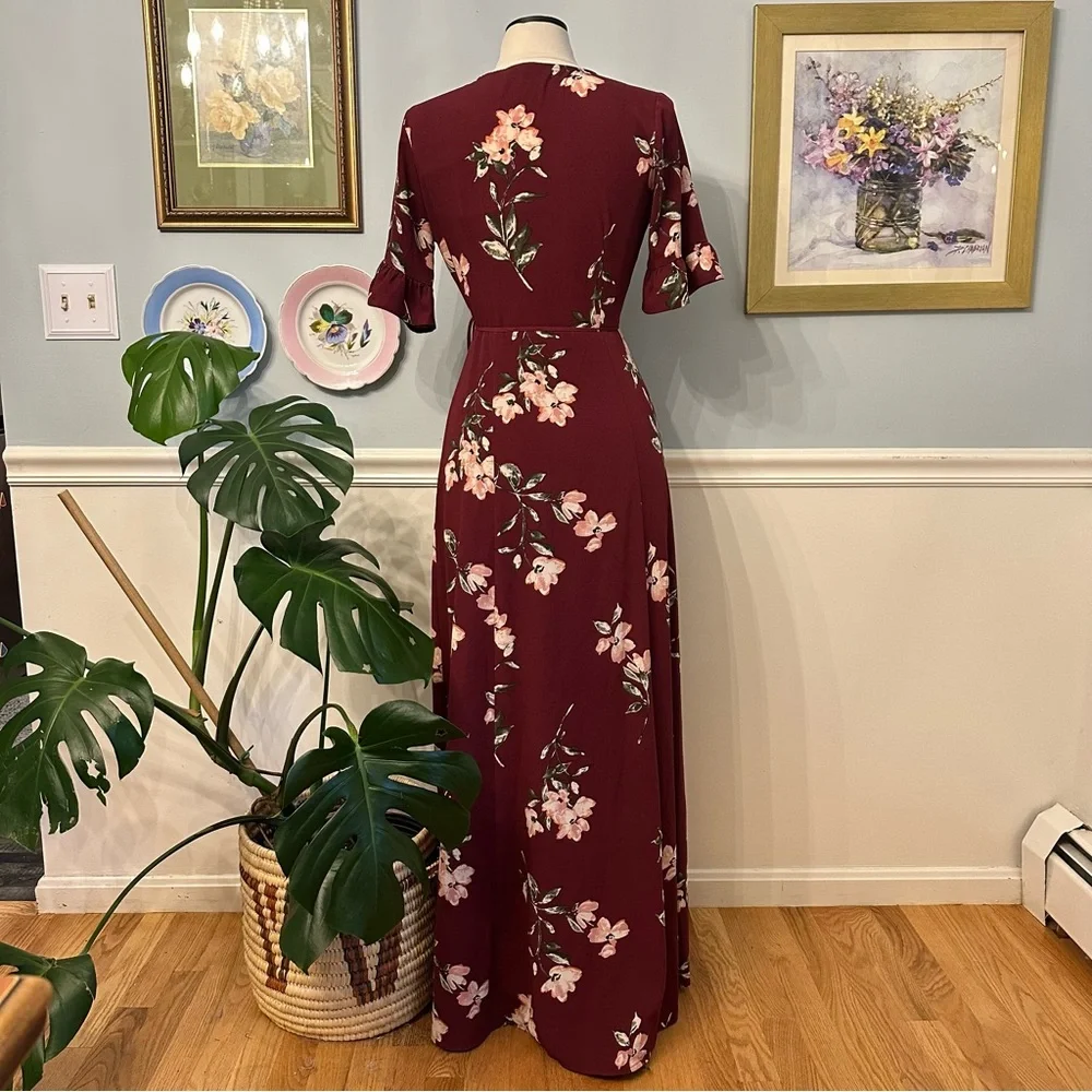 Lulu’s September Sunsets Burgundy Floral Wrap Maxi Dress Small Boho Wedding - Picture 5 of 11